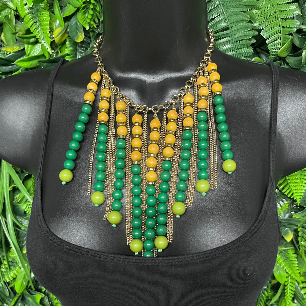 Statement Bib‎ Necklace Green Yellow Beaded Gold Tone Fringe Strand Boho 3817